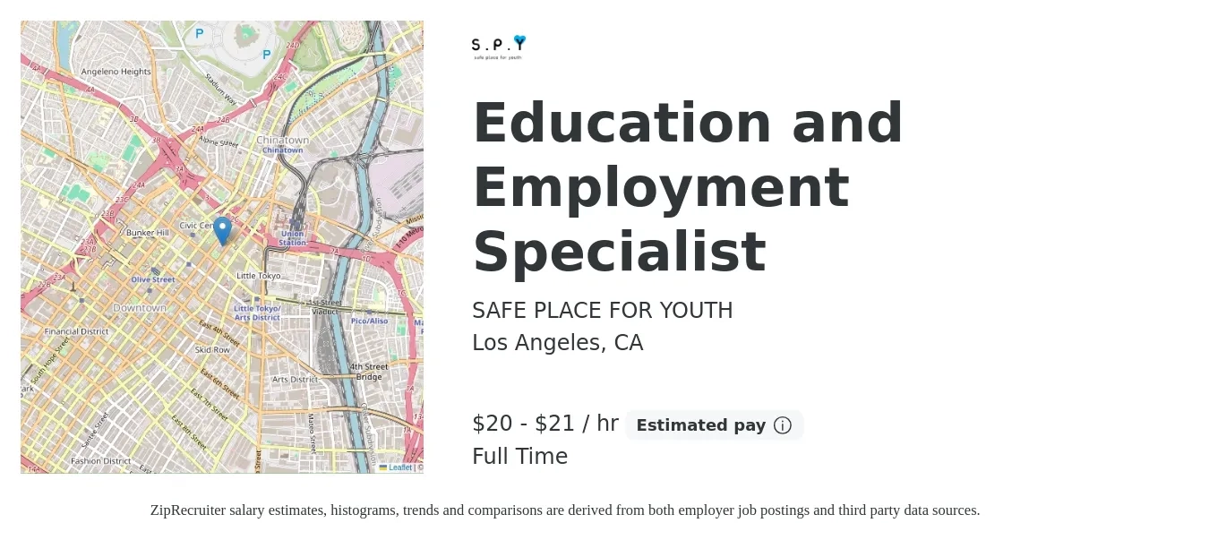 Safe Place For Youth job posting for a Education and Employment Specialist in Los Angeles, CA with a salary of $21 to $23 Hourly with a map of Los Angeles location.