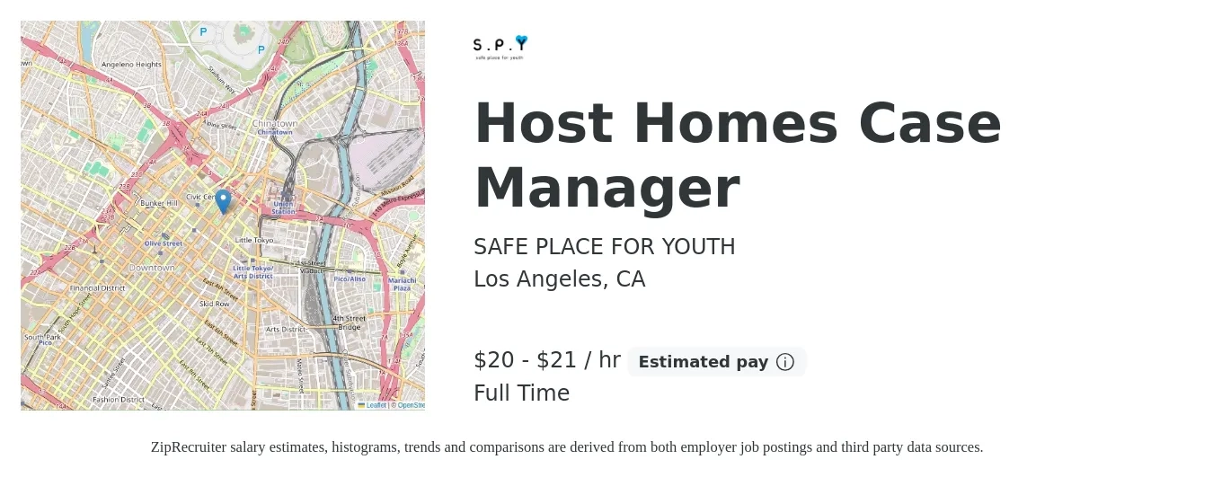 SAFE PLACE FOR YOUTH job posting for a Host Homes Case Manager in Los Angeles, CA with a salary of $21 to $23 Hourly with a map of Los Angeles location.