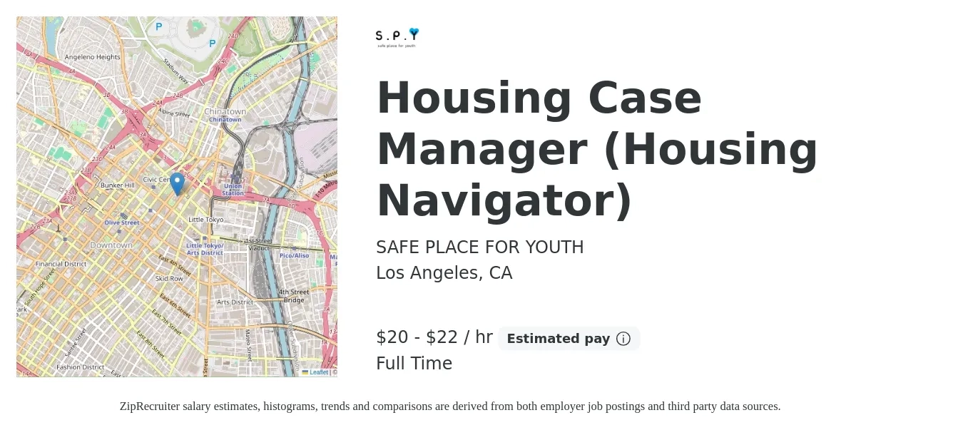 SAFE PLACE FOR YOUTH job posting for a Housing Case Manager (Housing Navigator) in Los Angeles, CA with a salary of $21 to $24 Hourly with a map of Los Angeles location.