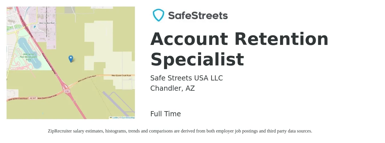 Safe Streets USA LLC job posting for a Account Retention Specialist in Chandler, AZ with a salary of $39,900 to $53,500 Yearly with a map of Chandler location.