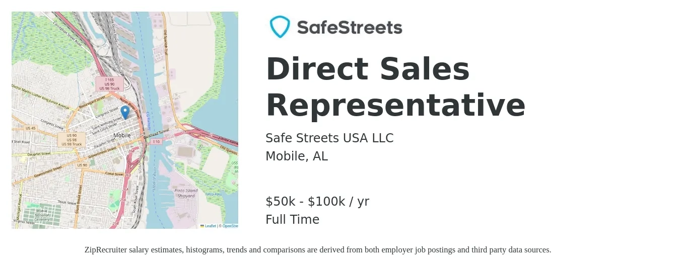 Safe Streets USA LLC job posting for a Direct Sales Representative in Mobile, AL with a salary of $50,000 to $100,000 Yearly with a map of Mobile location.
