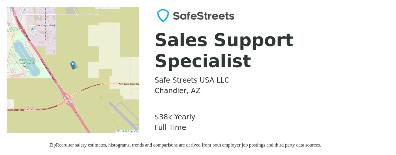 Safe Streets USA LLC job posting for a Sales Support Specialist in Chandler, AZ with a salary of $38,000 Yearly with a map of Chandler location.