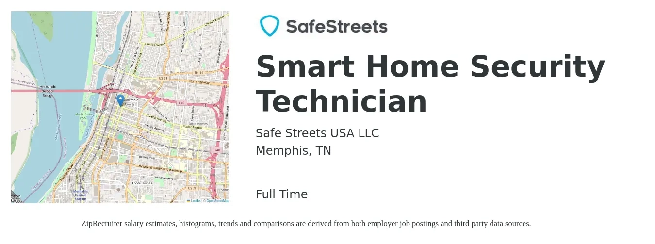Safe Streets USA LLC job posting for a Smart Home Security Technician in Memphis, TN with a salary of $21 to $31 Hourly with a map of Memphis location.