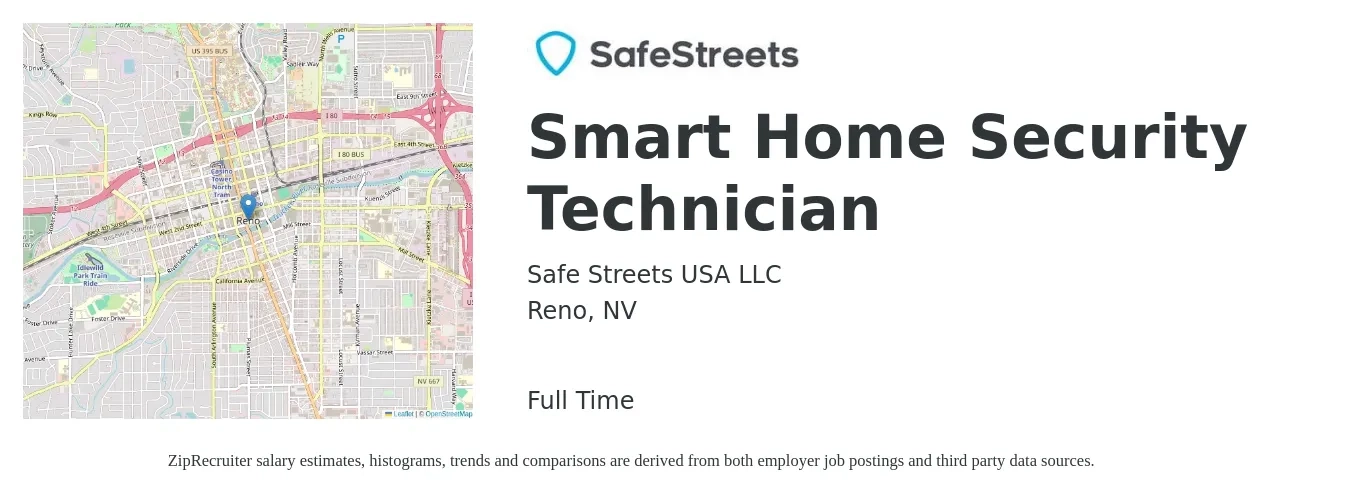 Safe Streets USA LLC job posting for a Smart Home Security Technician in Reno, NV with a salary of $22 to $32 Hourly with a map of Reno location.
