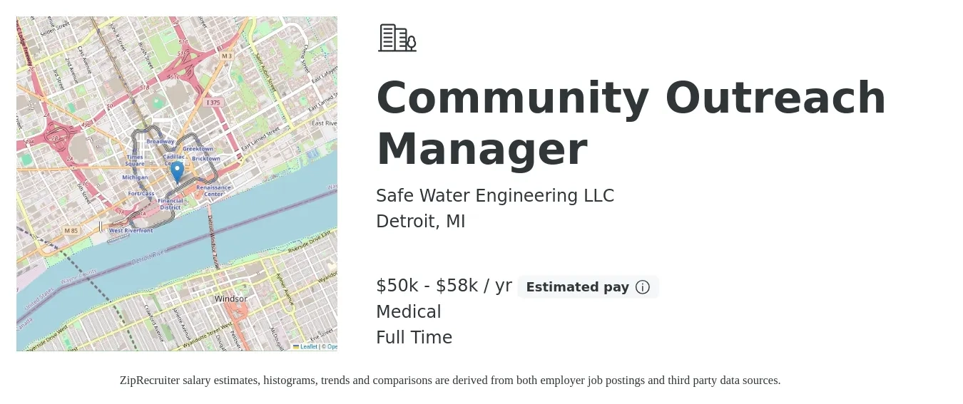Safe Water Engineering LLC job posting for a Community Outreach Manager in Detroit, MI with a salary of $50,000 to $58,000 Yearly and benefits including medical, and pto with a map of Detroit location.