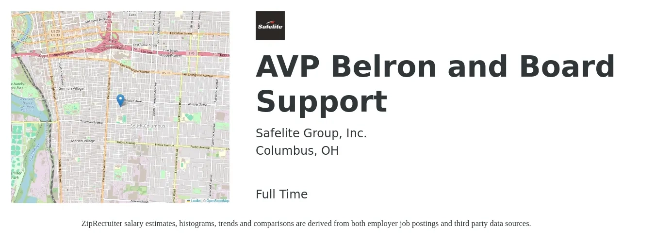 Safelite Group job posting for a AVP Belron and Board Support in Columbus, OH with a salary of $99,500 to $135,200 Yearly with a map of Columbus location.