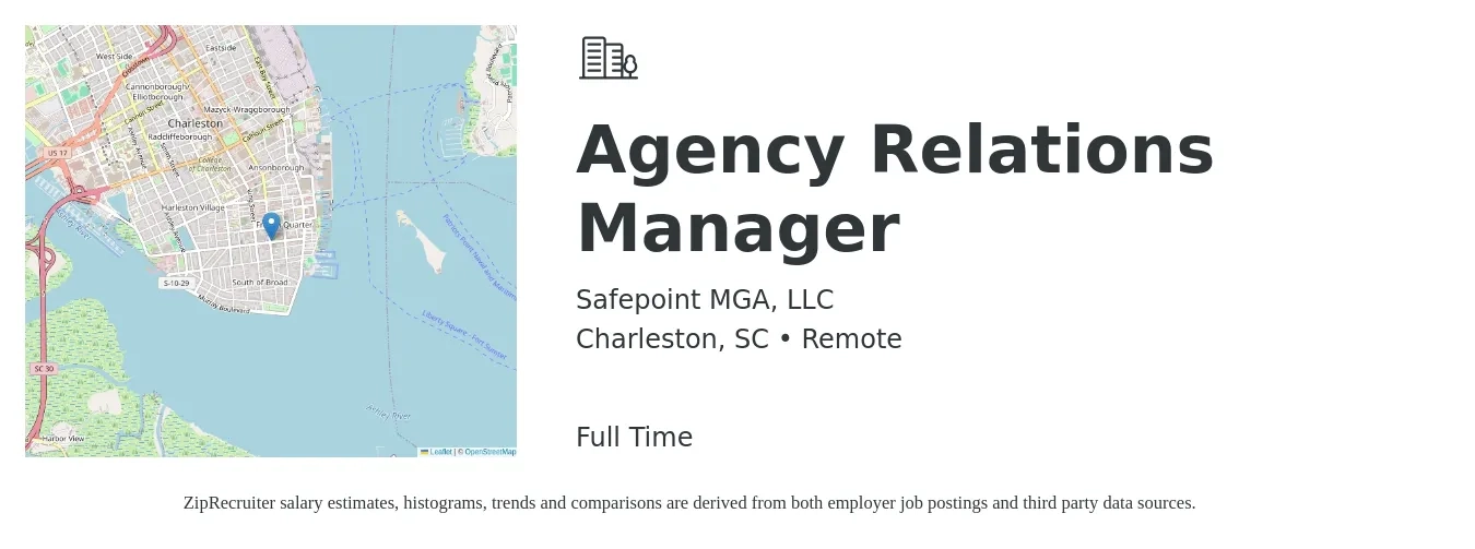 Safepoint MGA, LLC job posting for a Agency Relations Manager in Charleston, SC with a salary of $47,300 to $98,700 Yearly with a map of Charleston location.