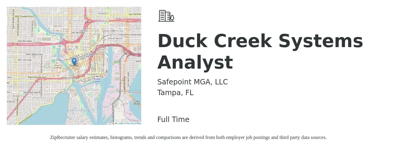 Safepoint MGA, LLC job posting for a Duck Creek Systems Analyst in Tampa, FL with a salary of $38 to $58 Hourly with a map of Tampa location.
