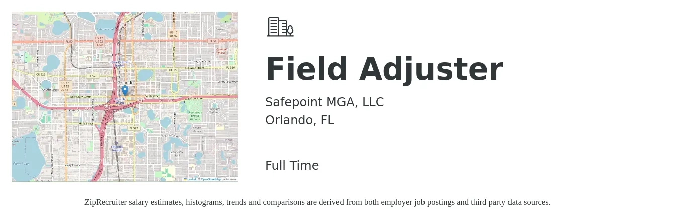 Safepoint MGA, LLC job posting for a Field Adjuster in Orlando, FL with a salary of $60,700 to $80,700 Yearly with a map of Orlando location.