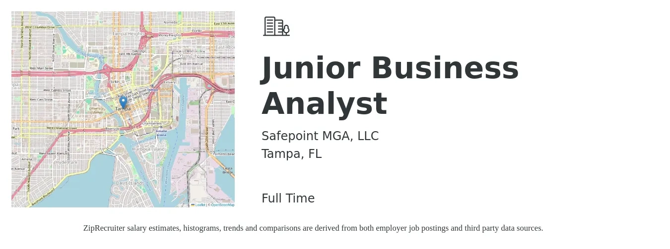 Safepoint MGA, LLC job posting for a Junior Business Analyst in Tampa, FL with a salary of $25 to $34 Hourly with a map of Tampa location.