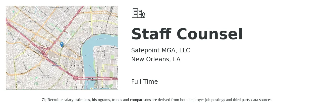 Safepoint MGA, LLC job posting for a Staff Counsel in New Orleans, LA with a salary of $80,700 to $189,700 Yearly with a map of New Orleans location.
