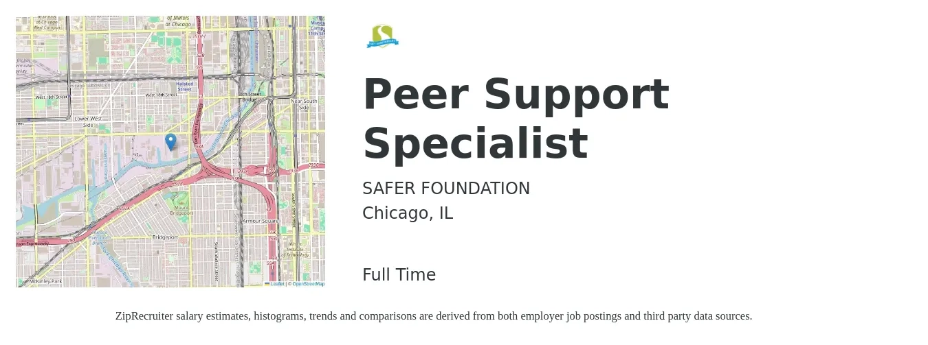 SAFER FOUNDATION job posting for a Peer Support Specialist in Chicago, IL with a salary of $17 to $22 Hourly with a map of Chicago location.