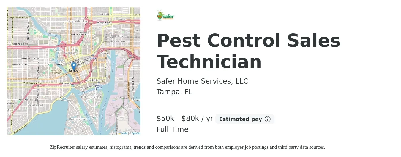 Safer Home Services, LLC job posting for a Pest Control Sales Technician in Tampa, FL with a salary of $50,000 to $80,000 Yearly with a map of Tampa location.