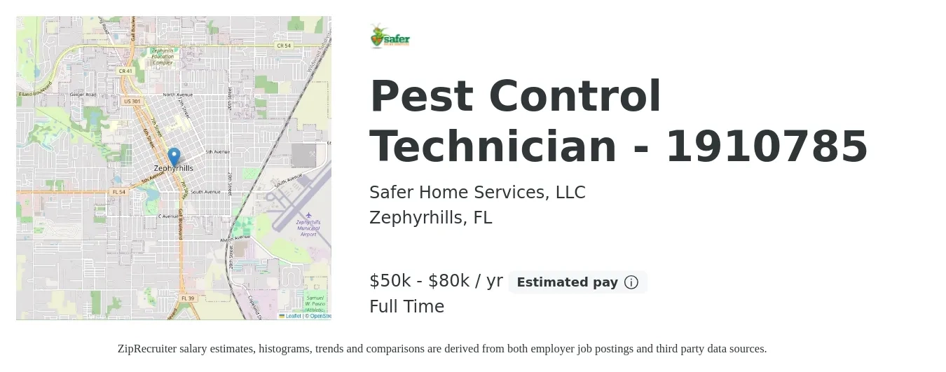 Safer Home Services, LLC job posting for a Pest Control Technician - 1910785 in Zephyrhills, FL with a salary of $50,000 to $80,000 Yearly with a map of Zephyrhills location.