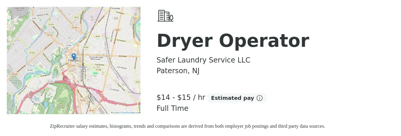 Safer Laundry Service LLC job posting for a Dryer Operator in Paterson, NJ with a salary of $15 to $16 Hourly and benefits including retirement with a map of Paterson location.