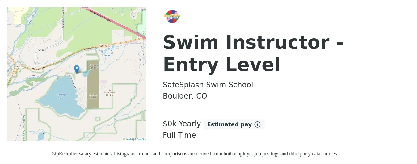 SafeSplash Swim School job posting for a Swim Instructor - Entry Level in Boulder, CO with a salary of $14 to $16 Yearly with a map of Boulder location.