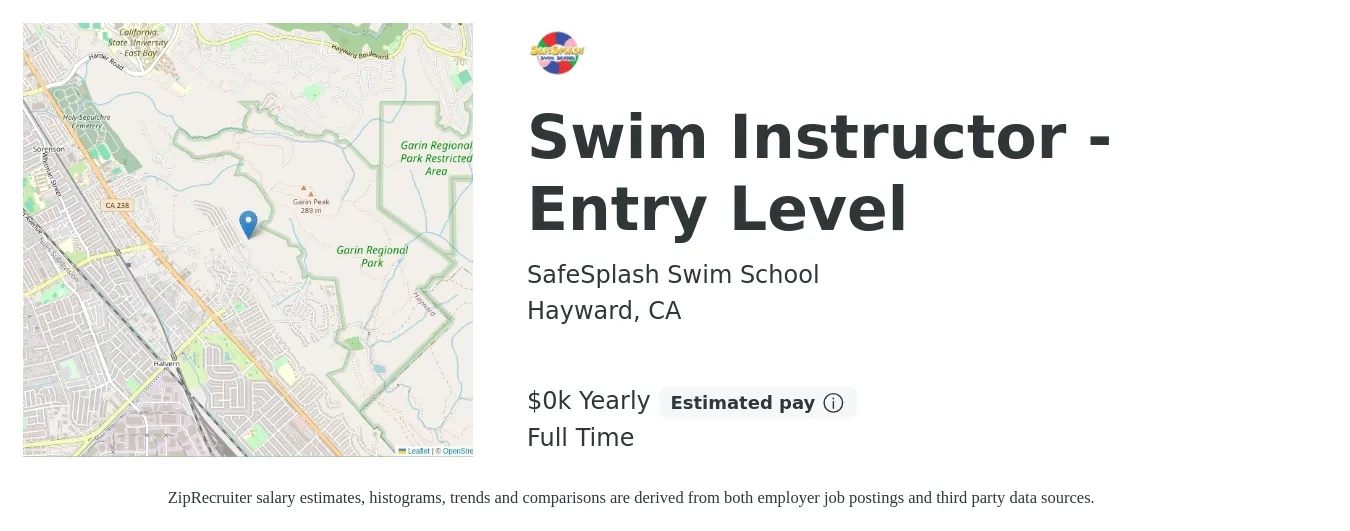 SafeSplash Swim School job posting for a Swim Instructor - Entry Level in Hayward, CA with a salary of $16 to $17 Yearly with a map of Hayward location.