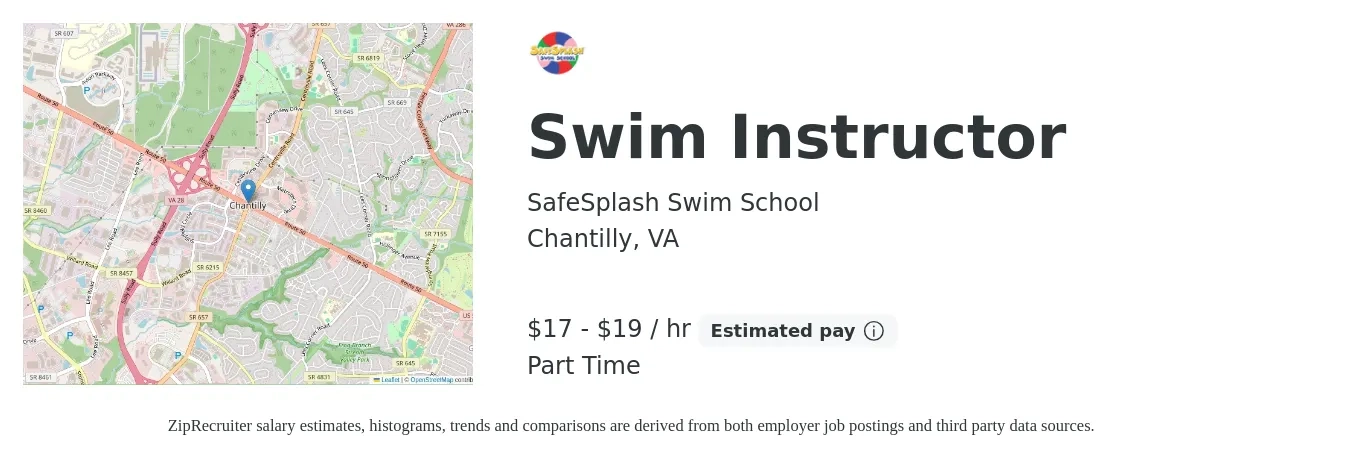 SafeSplash Swim School job posting for a Swim Instructor in Chantilly, VA with a salary of $18 to $20 Hourly with a map of Chantilly location.