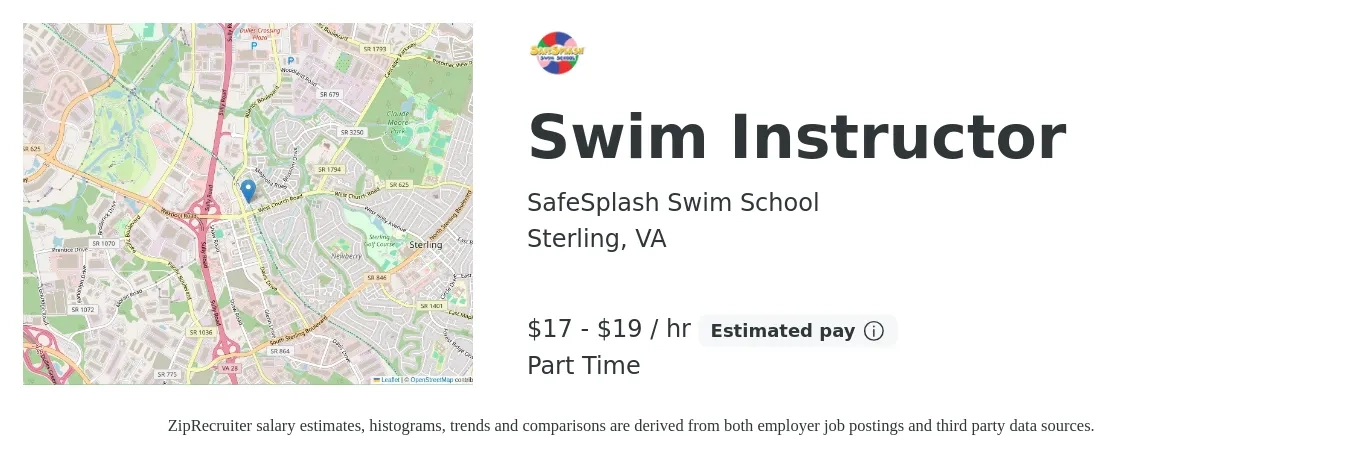 SafeSplash Swim School job posting for a Swim Instructor in Sterling, VA with a salary of $18 to $20 Hourly with a map of Sterling location.