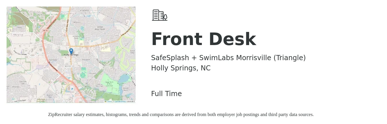 SafeSplash + SwimLabs Morrisville (Triangle) job posting for a Front Desk in Holly Springs, NC with a salary of $13 to $17 Hourly with a map of Holly Springs location.