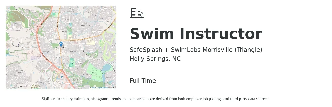 SafeSplash + SwimLabs Morrisville (Triangle) job posting for a Swim Instructor in Holly Springs, NC with a salary of $13 to $19 Hourly with a map of Holly Springs location.