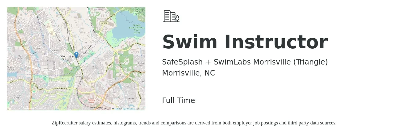 SafeSplash + SwimLabs Morrisville (Triangle) job posting for a Swim Instructor in Morrisville, NC with a salary of $14 to $20 Hourly with a map of Morrisville location.