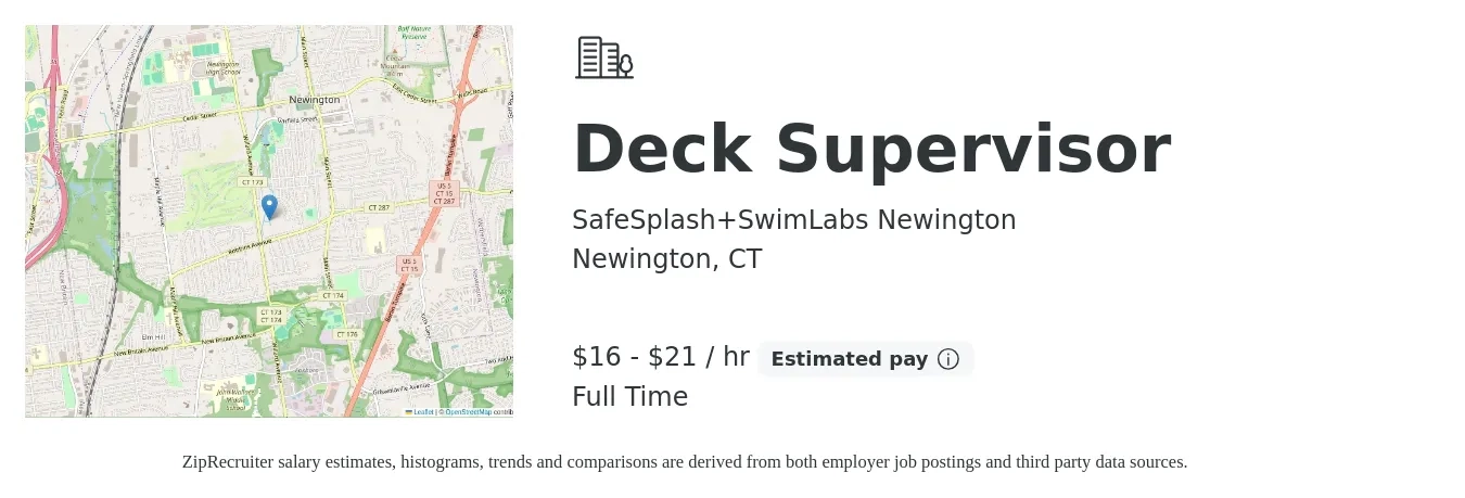 SafeSplash+SwimLabs Newington job posting for a Deck Supervisor in Newington, CT with a salary of $17 to $22 Hourly with a map of Newington location.