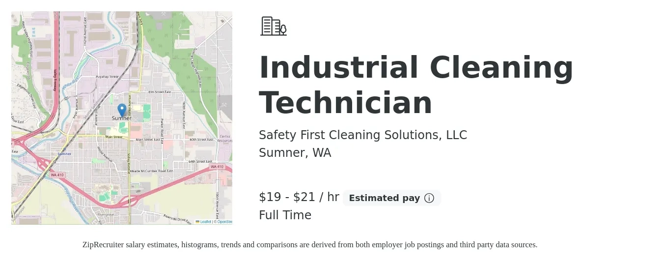 Safety First Cleaning Solutions, LLC job posting for a Industrial Cleaning Technician in Sumner, WA with a salary of $20 to $22 Hourly with a map of Sumner location.