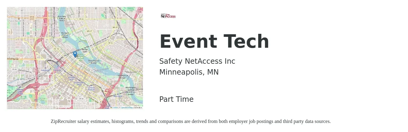 Safety NetAccess Inc job posting for a Event Tech in Minneapolis, MN with a salary of $16 to $23 Hourly with a map of Minneapolis location.