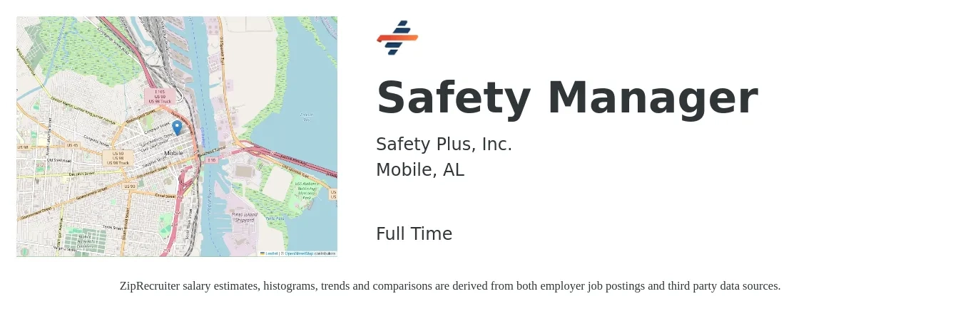 Safety Plus, Inc. job posting for a Safety Manager in Mobile, AL with a salary of $50,000 to $70,000 Yearly with a map of Mobile location.