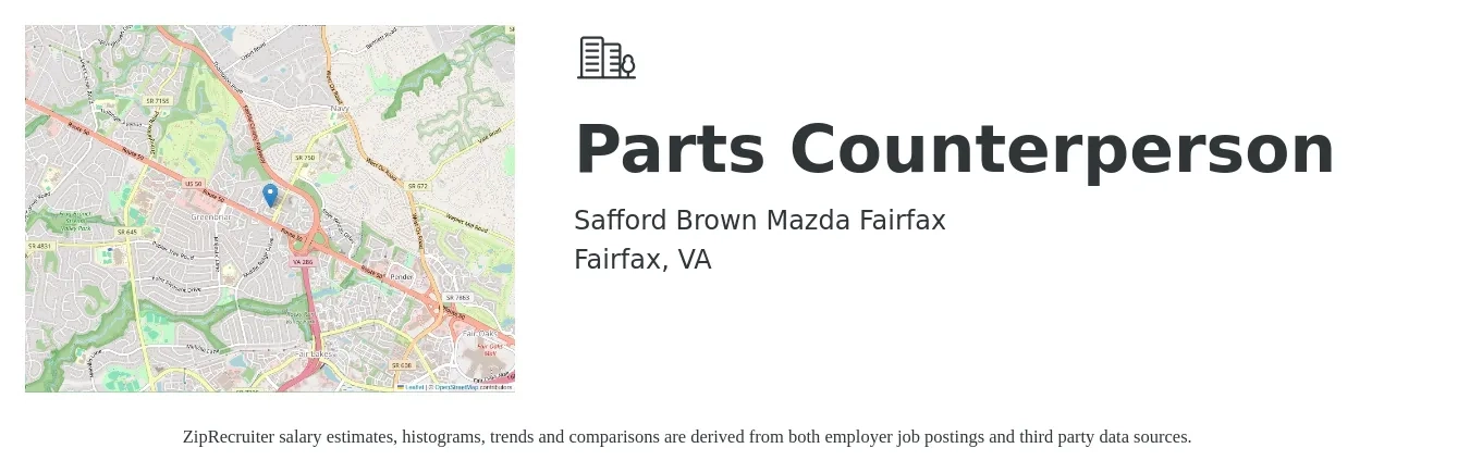 Safford Brown Mazda Fairfax job posting for a Parts Counterperson in Fairfax, VA with a salary of $18 to $25 Hourly with a map of Fairfax location.