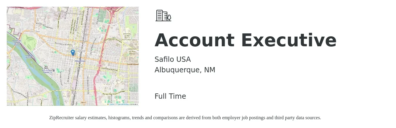 Safilo USA job posting for a Account Executive in Albuquerque, NM with a salary of $49,300 to $86,800 Yearly with a map of Albuquerque location.