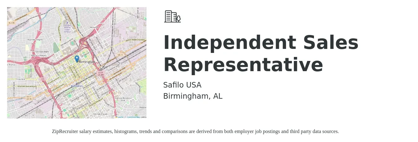 Safilo USA job posting for a Independent Sales Representative in Birmingham, AL with a salary of $72,200 to $110,600 Yearly with a map of Birmingham location.