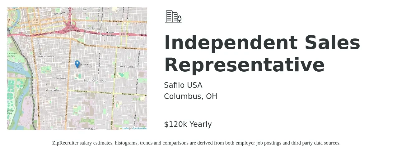 Safilo USA job posting for a Independent Sales Representative in Columbus, OH with a salary of $120,000 Yearly with a map of Columbus location.