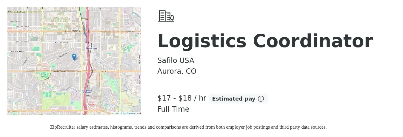 Safilo USA job posting for a Logistics Coordinator in Aurora, CO with a salary of $18 to $19 Hourly with a map of Aurora location.