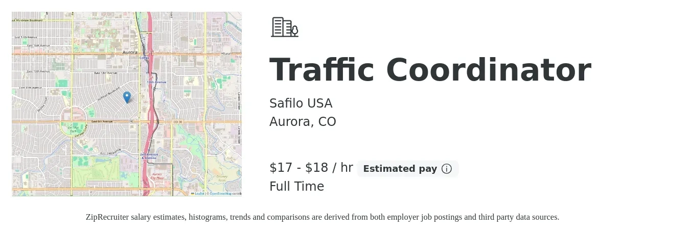 Safilo USA job posting for a Traffic Coordinator in Aurora, CO with a salary of $18 to $19 Hourly with a map of Aurora location.