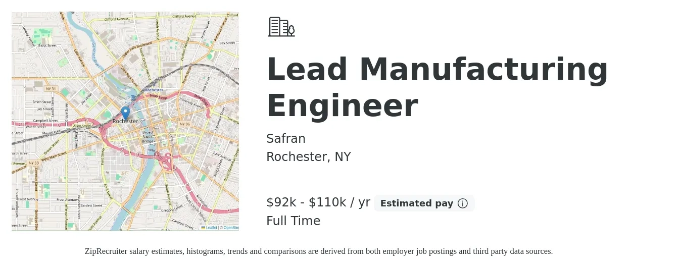 Safran job posting for a Lead Manufacturing Engineer in Rochester, NY with a salary of $92,000 to $110,000 Yearly with a map of Rochester location.