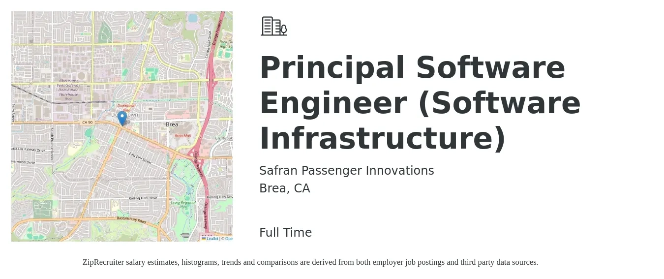 Safran Passenger Innovations job posting for a Principal Software Engineer (Software Infrastructure) in Brea, CA with a salary of $139,200 to $186,600 Yearly with a map of Brea location.