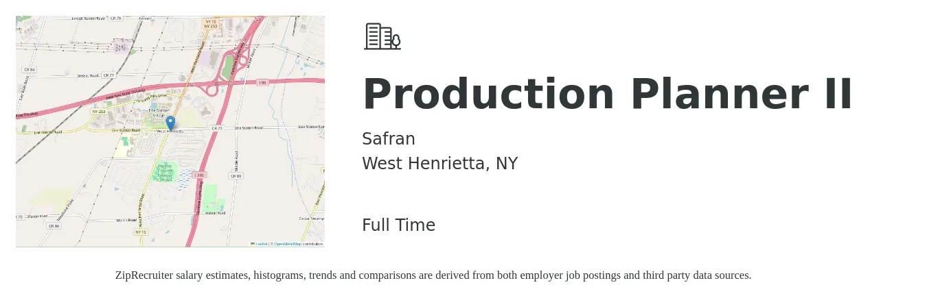 Safran job posting for a Production Planner II in West Henrietta, NY with a salary of $25 to $35 Hourly with a map of West Henrietta location.