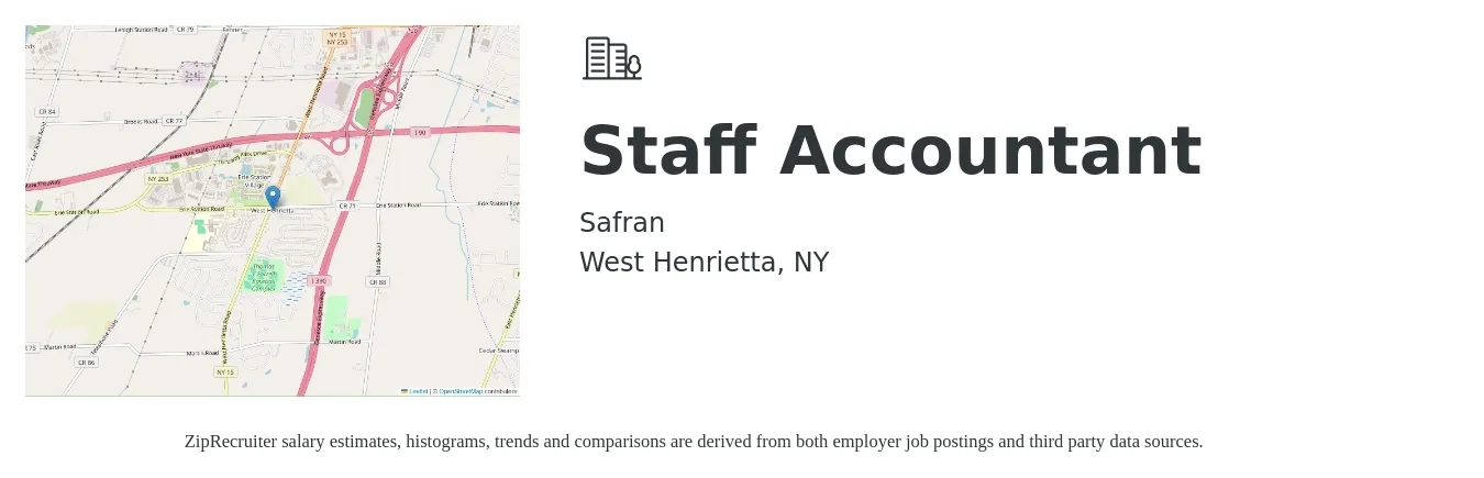 Safran job posting for a Staff Accountant in West Henrietta, NY with a salary of $52,800 to $69,600 Yearly with a map of West Henrietta location.