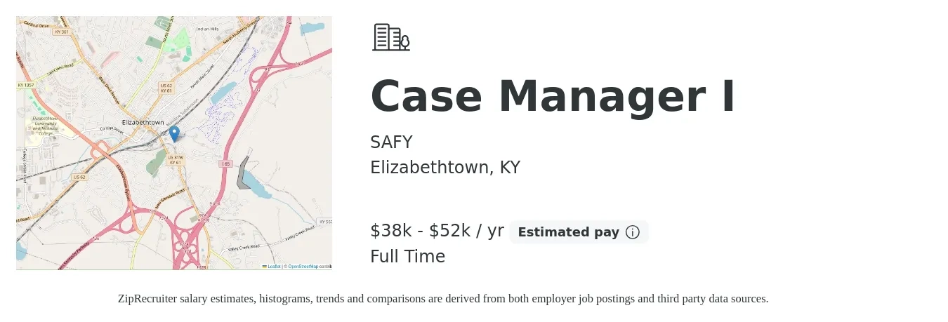 SAFY job posting for a Case Manager I in Elizabethtown, KY with a salary of $38,500 to $52,000 Yearly with a map of Elizabethtown location.