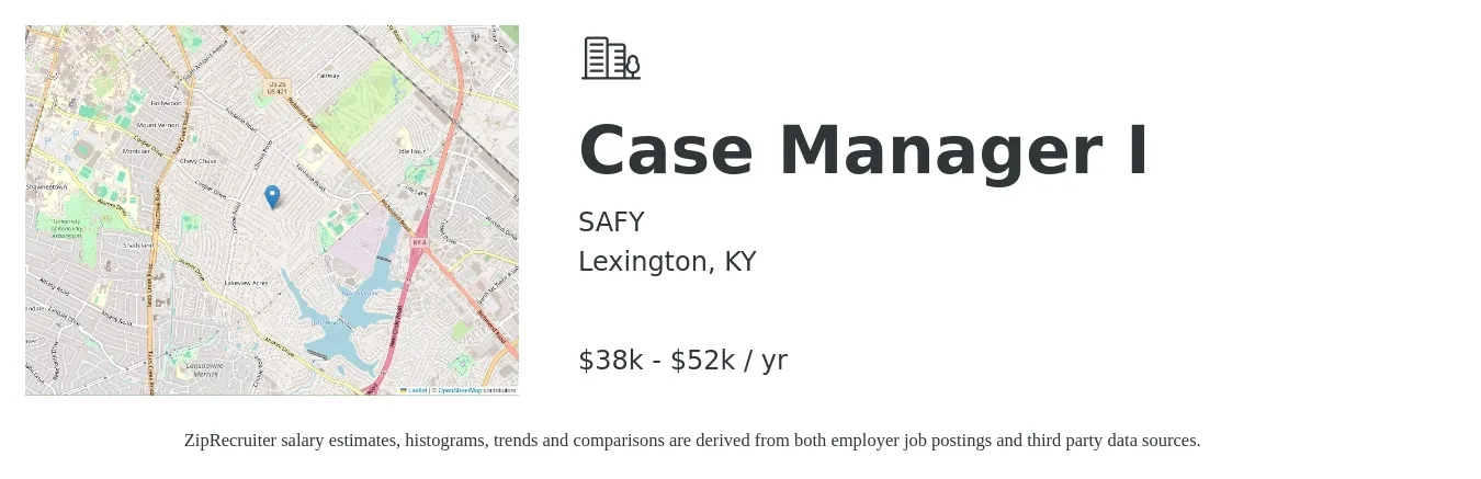 SAFY job posting for a Case Manager I in Lexington, KY with a salary of $38,500 to $52,000 Yearly with a map of Lexington location.