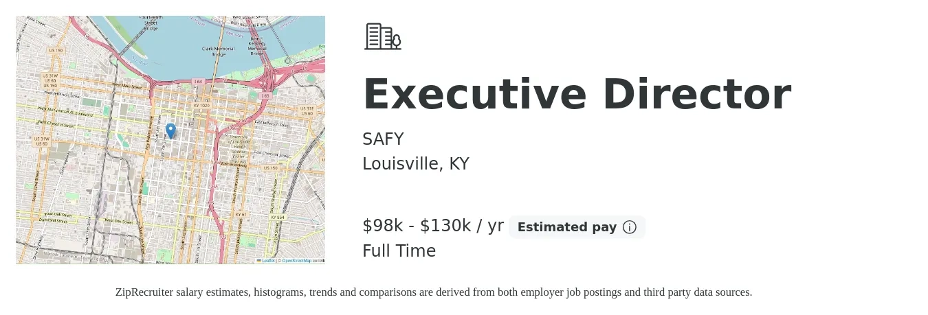 SAFY job posting for a Executive Director in Louisville, KY with a salary of $98,000 to $130,000 Yearly with a map of Louisville location.