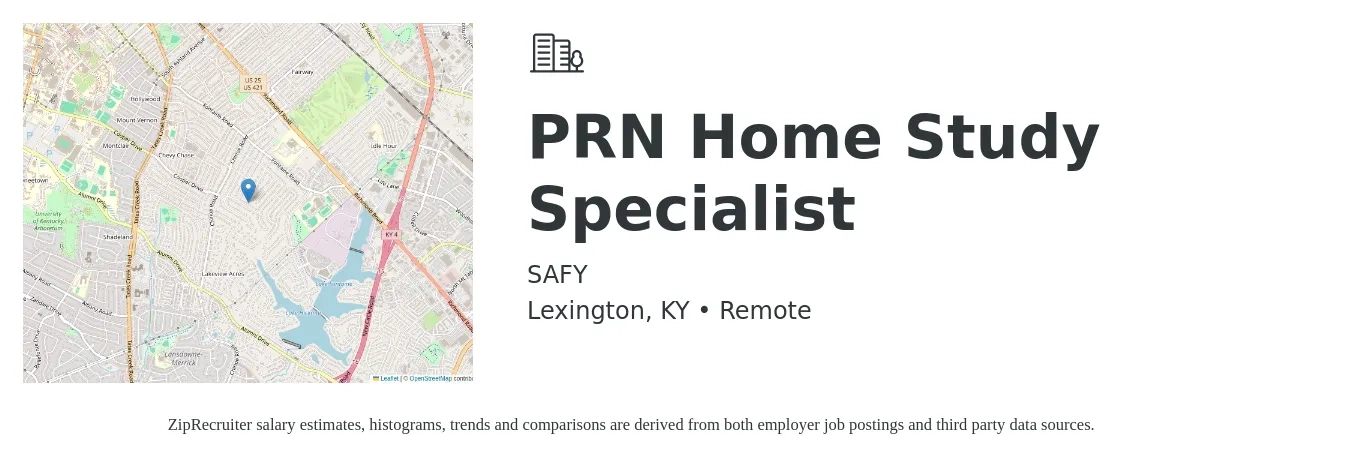 SAFY job posting for a PRN Home Study Specialist in Lexington, KY with a salary of $200 Daily with a map of Lexington location.