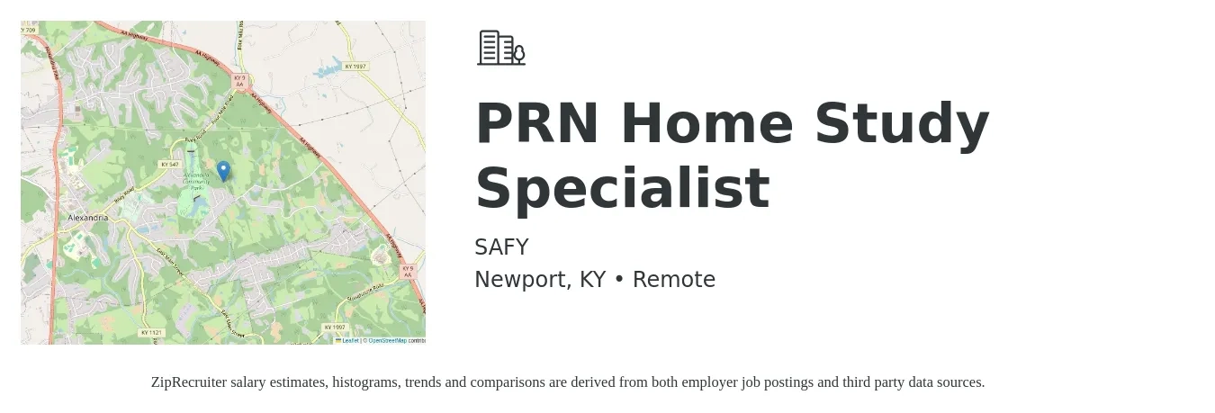 SAFY job posting for a PRN Home Study Specialist in Newport, KY with a salary of $200 Daily with a map of Newport location.