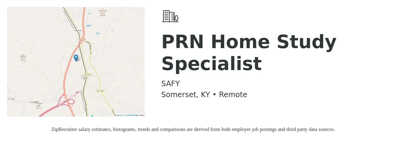 SAFY job posting for a PRN Home Study Specialist in Somerset, KY with a salary of $200 Daily with a map of Somerset location.