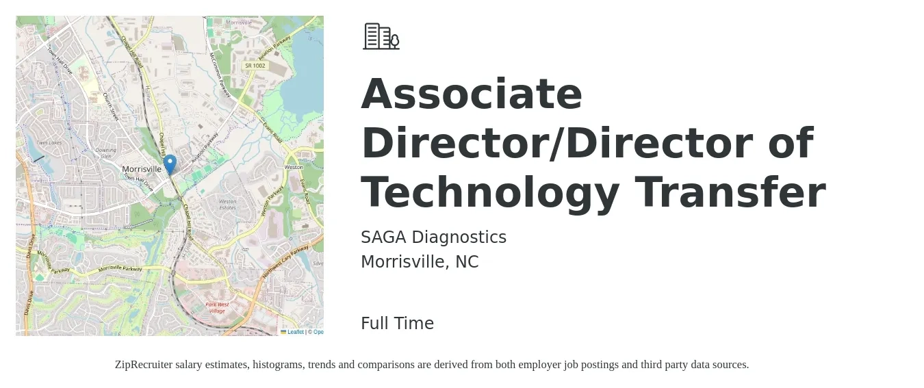 SAGA Diagnostics job posting for a Associate Director/Director of Technology Transfer in Morrisville, NC with a map of Morrisville location.