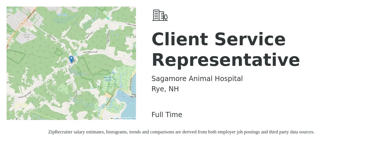 Sagamore Animal Hospital job posting for a Client Service Representative in Rye, NH with a salary of $16 to $22 Hourly with a map of Rye location.