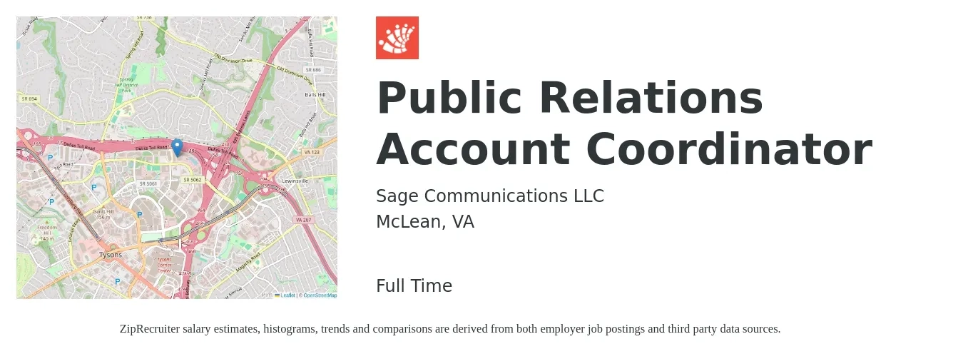 Sage Communications LLC job posting for a Public Relations Account Coordinator in McLean, VA with a salary of $40,400 to $59,600 Yearly with a map of McLean location.