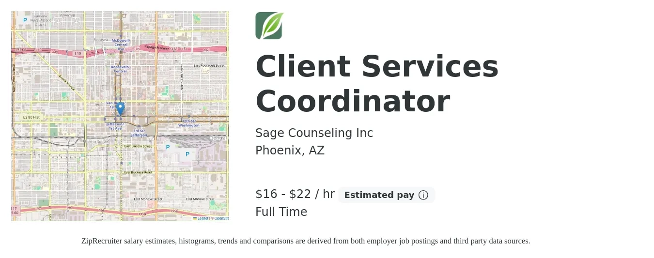 Sage Counseling Inc job posting for a Client Services Coordinator in Phoenix, AZ with a salary of $17 to $23 Hourly with a map of Phoenix location.